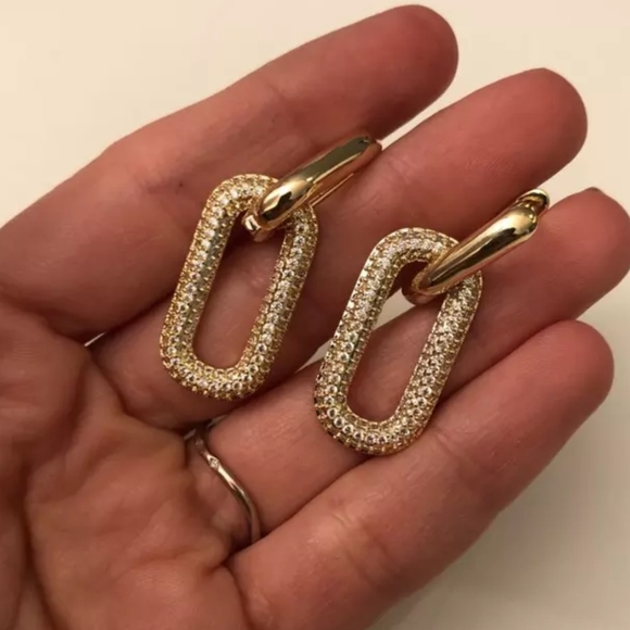 NEW 18k Yellow Gold Micro Pave Link Hoop Earrings - Picture 6 of 6